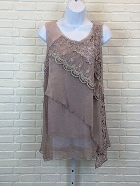 Radzoli Crochet Lace Tunic Tank Taupe Sleeveless Medium